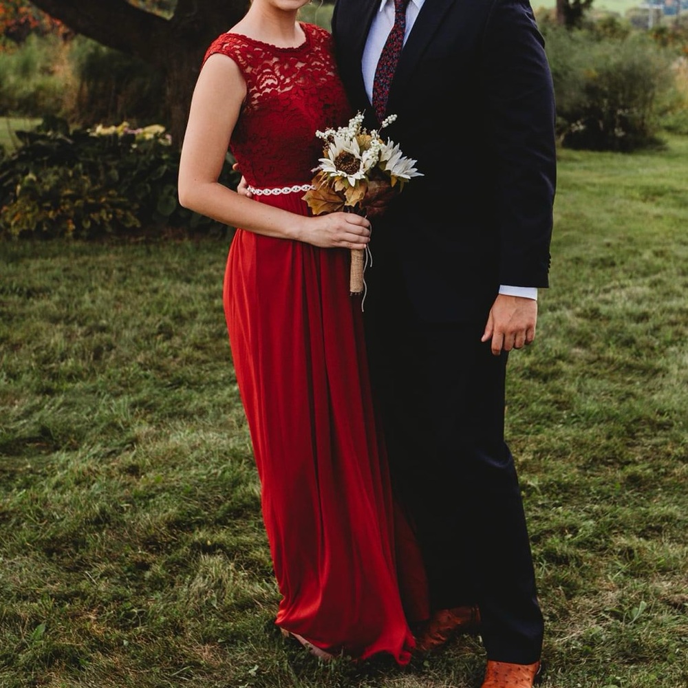 David’s Bridal Apple Red Lace Floor Length Dress